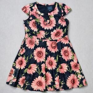 ModCloth Floral Fit Flare Dress Womens 22 Navy Pink Retro Pleated Lined Plus